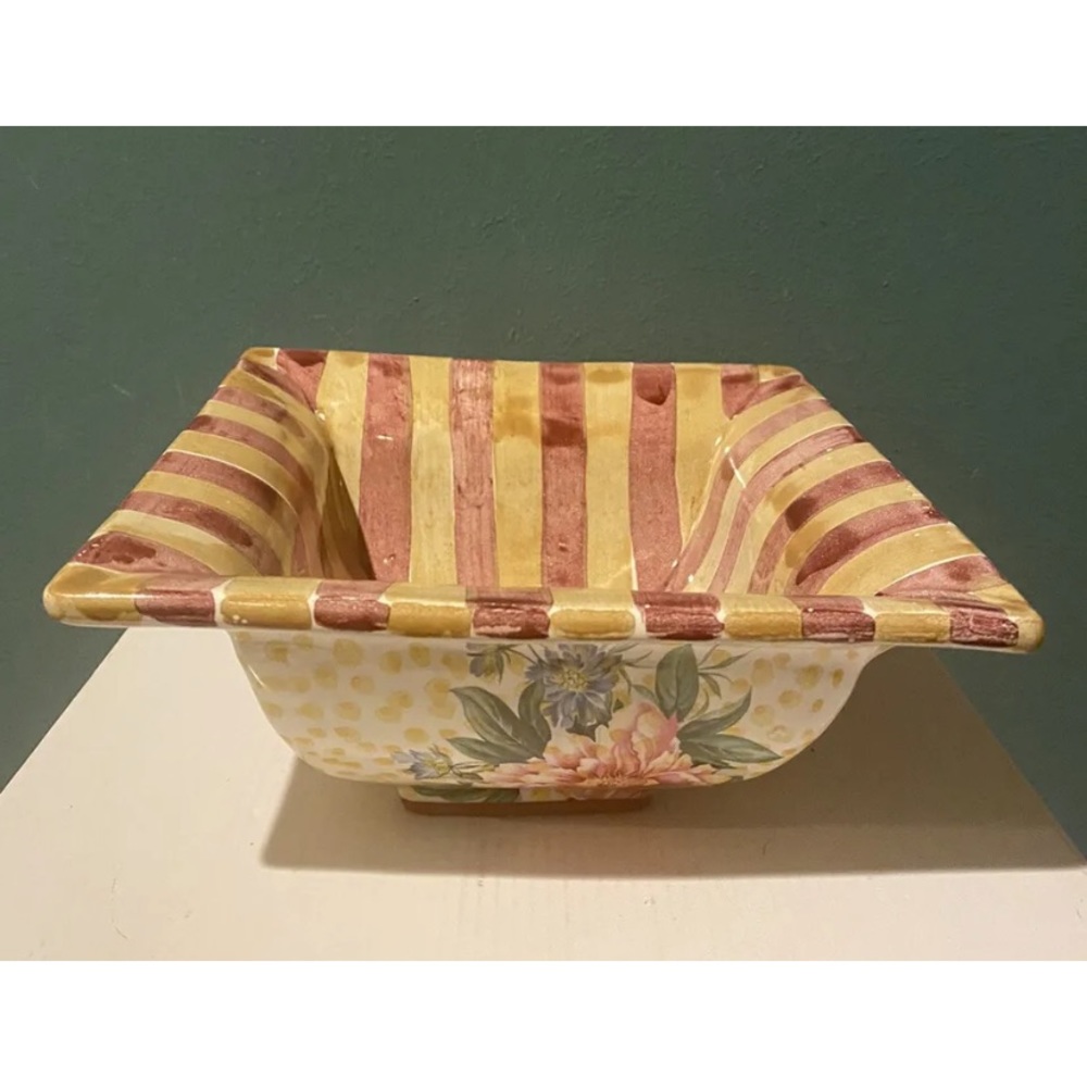 Vintage MACKENZIE-CHILDS TORQUAY Palm FRANK MUSTARD 6" Square Red Clay Bowl
